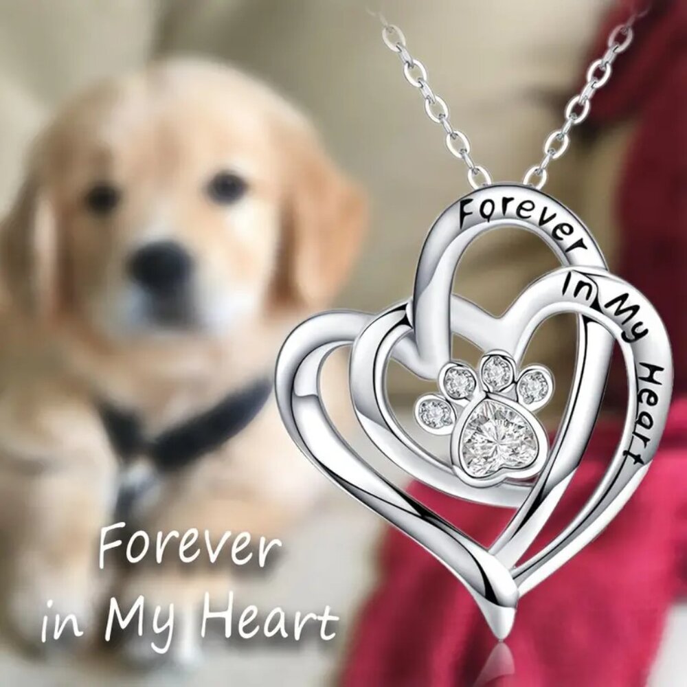 Necklace Pet Memorial Dog Paw Pendant Pendant With Two Hearts Rhinestone New